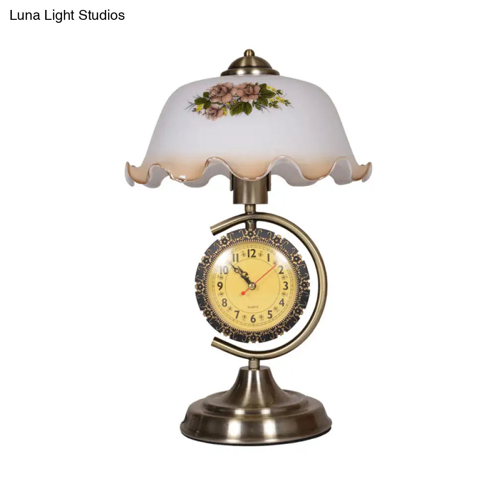 Opal Glass Table Lamp With Ruffle Bowl Shade - Single Sitting Room Night Light In Brass Clock And C