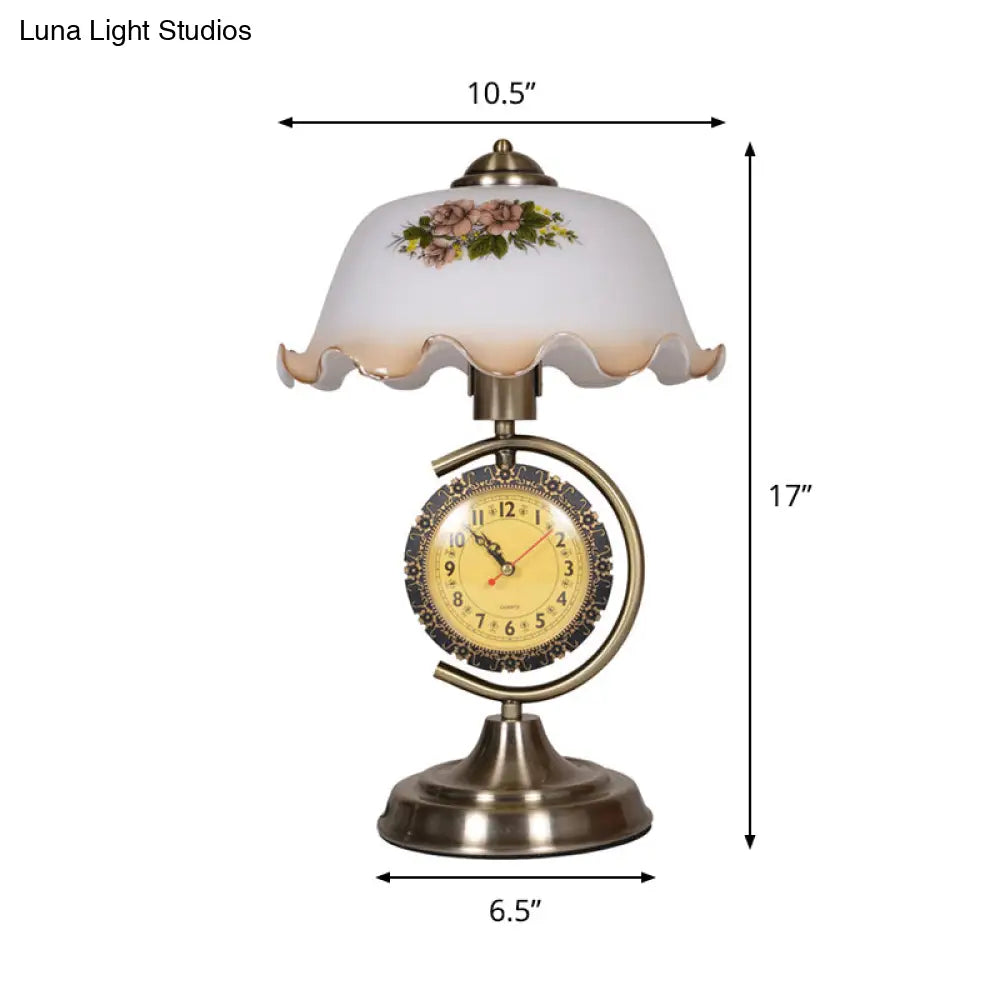 Opal Glass Table Lamp With Ruffle Bowl Shade - Single Sitting Room Night Light In Brass Clock And C