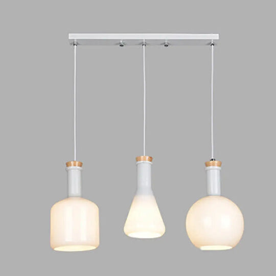 Opal Glass Triple Light Pendant Fixture - Modern Multi-Hanging Lamp With Linear/Round Canopy White