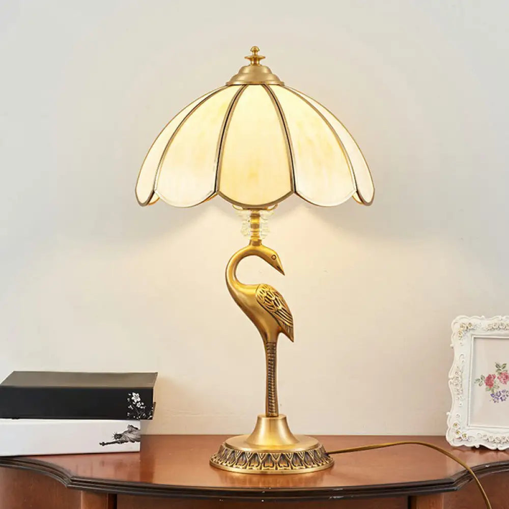 Opal Glass Umbrella Shaped Brass Table Lamp With Retro Halcyon Deco / Curved