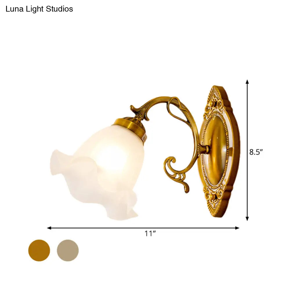 Opal Glass Wall Light Fixture - Traditional Brass/Bronze Finish Flower Design Indoor Lamp