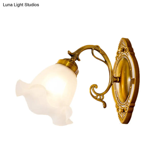 Opal Glass Wall Light Fixture - Traditional Brass/Bronze Finish Flower Design Indoor Lamp