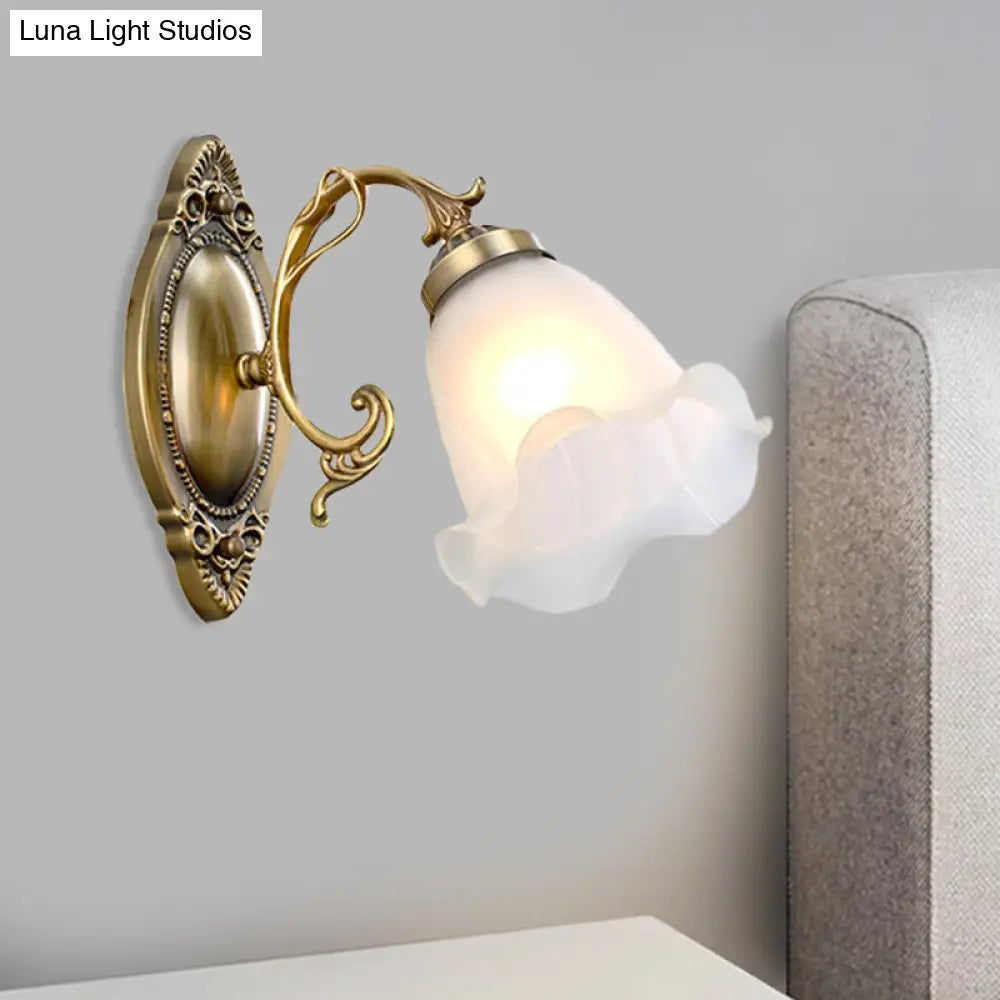 Opal Glass Wall Light Fixture - Traditional Brass/Bronze Finish Flower Design Indoor Lamp