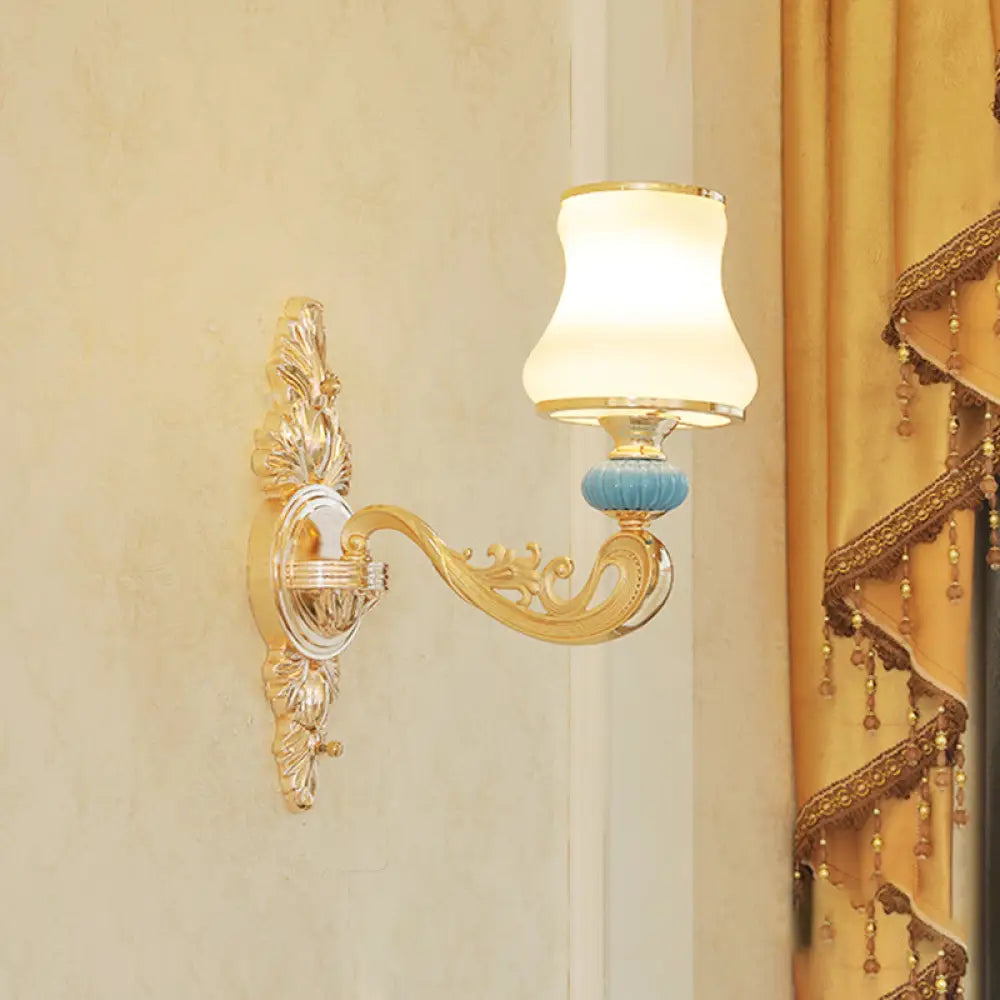 Opal Glass Wall Light Fixture With Curved Arm And Gold Shading For Corridors 1 / D