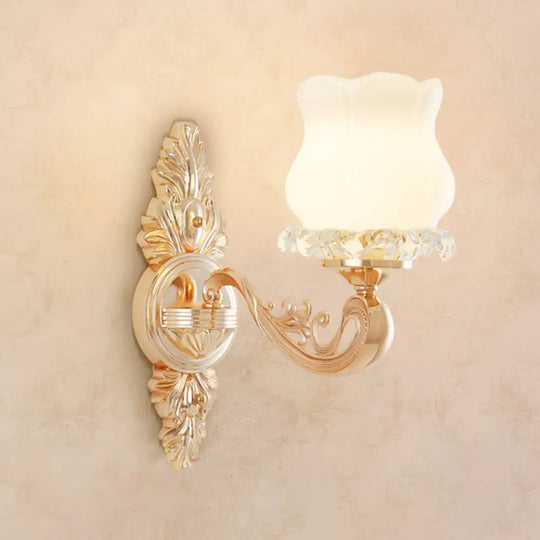 Opal Glass Wall Light Fixture With Curved Arm And Gold Shading For Corridors 1 / F