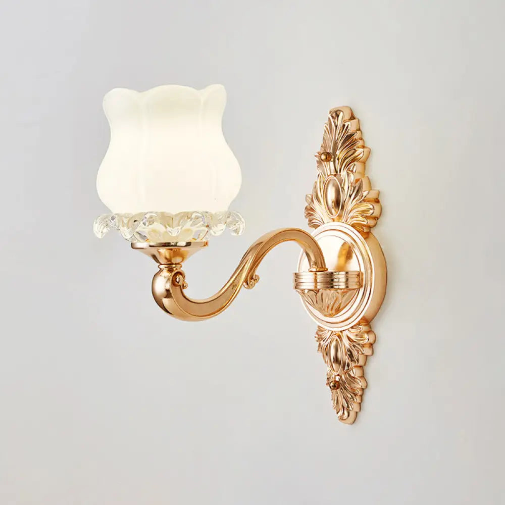 Opal Glass Wall Light Fixture With Curved Arm And Gold Shading For Corridors 1 / H