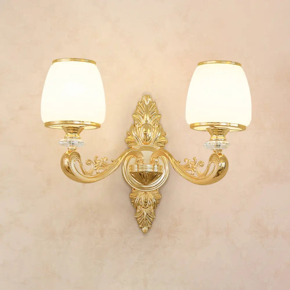 Opal Glass Wall Light Fixture With Curved Arm And Gold Shading For Corridors 2 / E