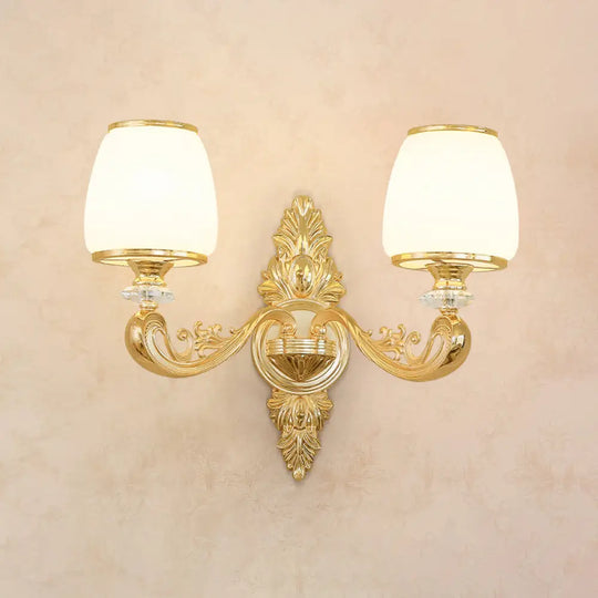 Opal Glass Wall Light Fixture With Curved Arm And Gold Shading For Corridors 2 / E