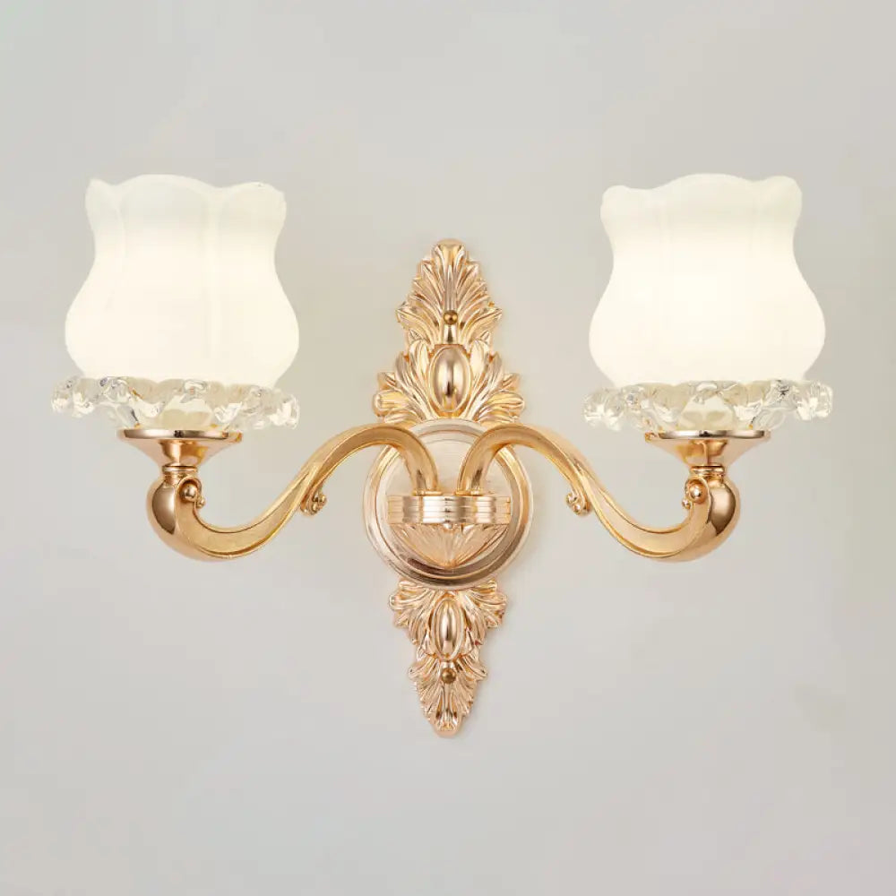 Opal Glass Wall Light Fixture With Curved Arm And Gold Shading For Corridors 2 / H