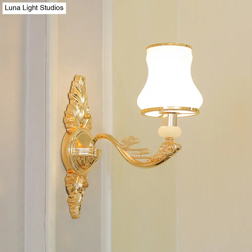 Opal Glass Wall Light Fixture With Curved Arm And Gold Shading For Corridors