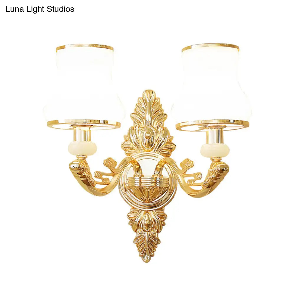 Opal Glass Wall Light Fixture With Curved Arm And Gold Shading For Corridors