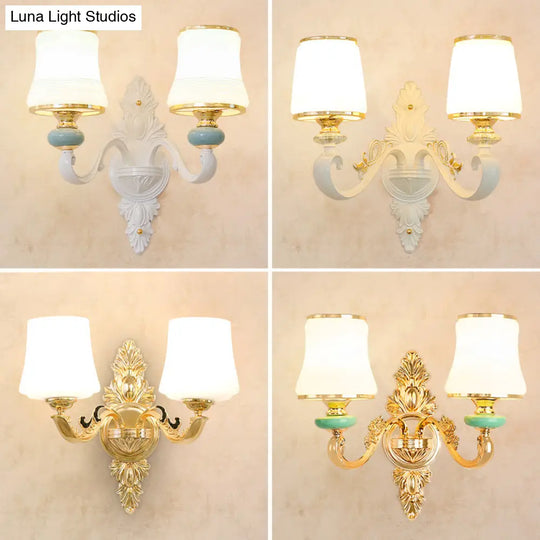 Opal Glass Wall Light Fixture With Curved Arm And Gold Shading For Corridors