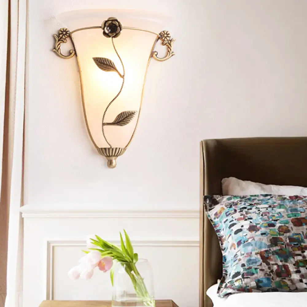 Opal Glass Wall Sconce Lamp: Brass Cone Fixture With Flower Design