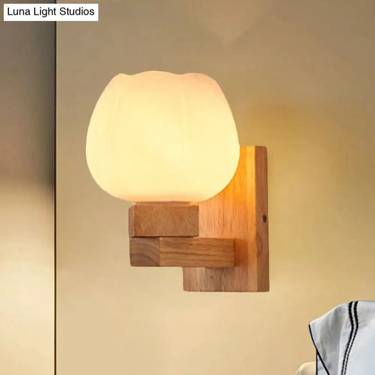 Opal Glass Wall Sconce Nordic Wood Bowl Bedroom Light Fixture