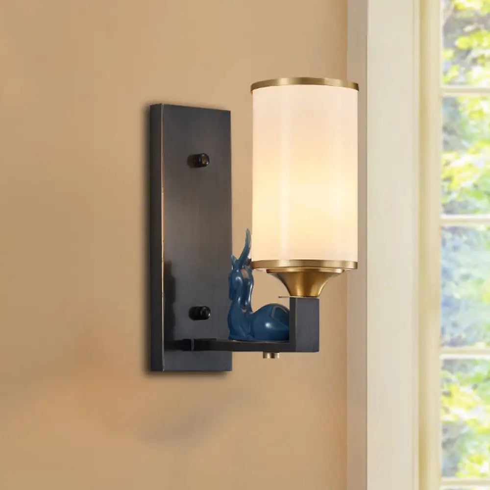 Opal Glass Wall Sconce With Antiqued Column And Rectangular Backplate In White