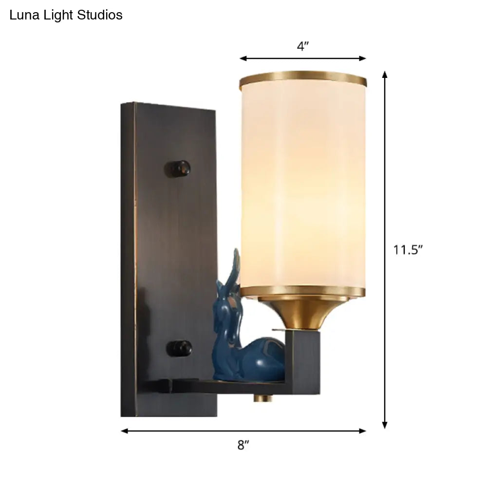 Opal Glass Wall Sconce With Antiqued Column And Rectangular Backplate In White