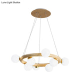 Opal Matte Glass Chandelier With Wood Circle Arm Nordic Design 8 Bulbs Beige Pendant Light