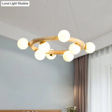 Opal Matte Glass Chandelier With Wood Circle Arm Nordic Design 8 Bulbs Beige Pendant Light