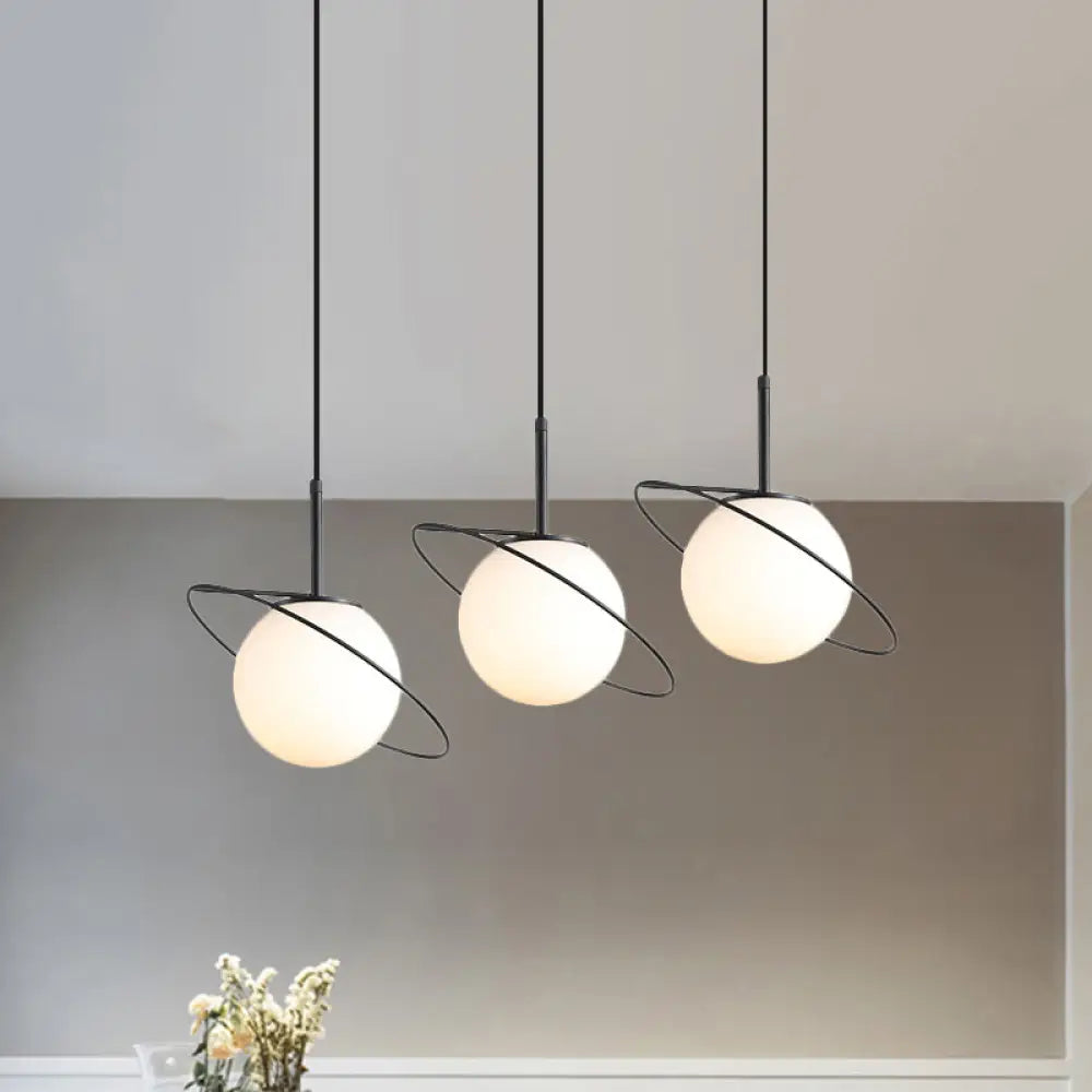 Opal Matte Glass Planet Pendant - Postmodern 3 Bulbs Black Hanging Lamp For Dining Table