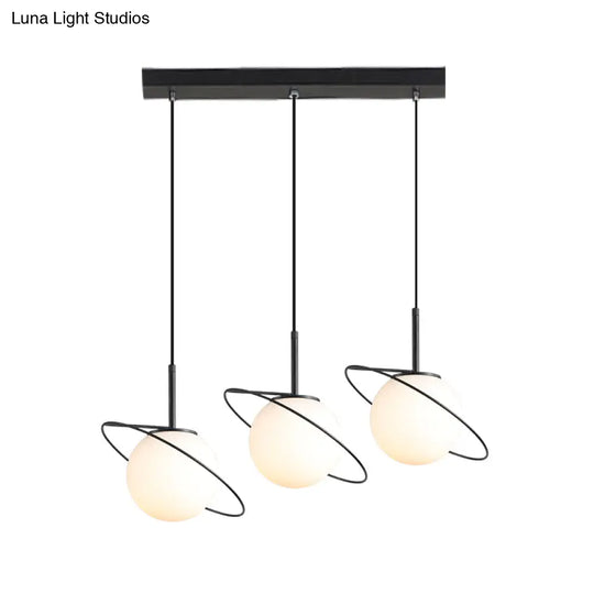 Opal Matte Glass Planet Pendant - Postmodern 3 Bulbs Black Hanging Lamp For Dining Table