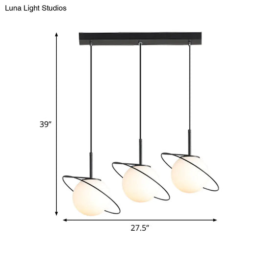 Opal Matte Glass Planet Pendant - Postmodern 3 Bulbs Black Hanging Lamp For Dining Table