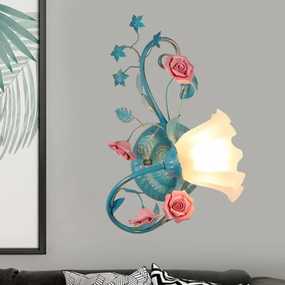 Opal Matte Glass Wall Lamp - Pastel Blue-Pink/Blue-White Scroll Flower Sconce Light (Left/Right)