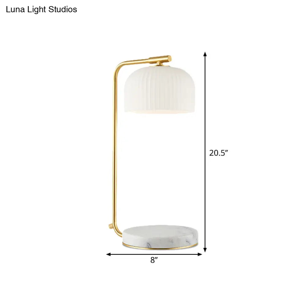 Opal Ribbed Glass 1-Light Nightstand Lamp - Modern Brass Design With Marble Base