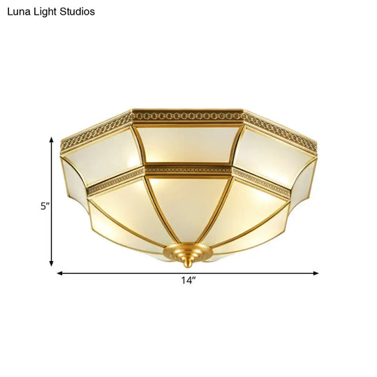 Opal-White Glass Brass Ceiling Mount Dome Chandelier For Bedroom - Colonial Flush 3/4-Light 14/18