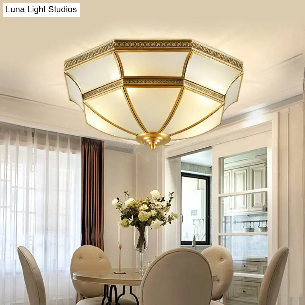 Opal-White Glass Brass Ceiling Mount Dome Chandelier For Bedroom - Colonial Flush 3/4-Light 14/18