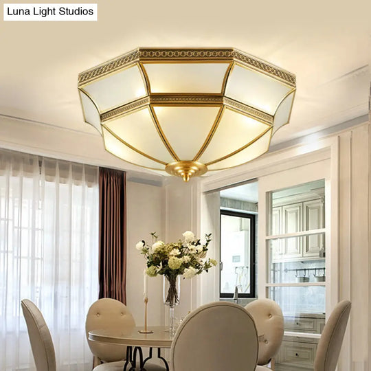 Opal-White Glass Brass Ceiling Mount Dome Chandelier For Bedroom - Colonial Flush 3/4-Light 14/18