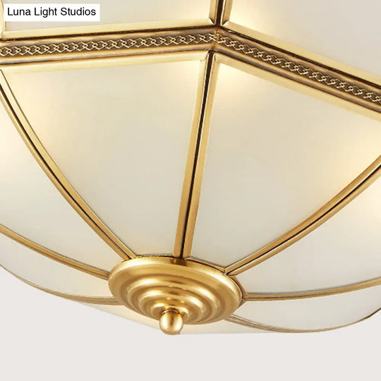 Opal-White Glass Brass Ceiling Mount Dome Chandelier For Bedroom - Colonial Flush 3/4-Light 14/18