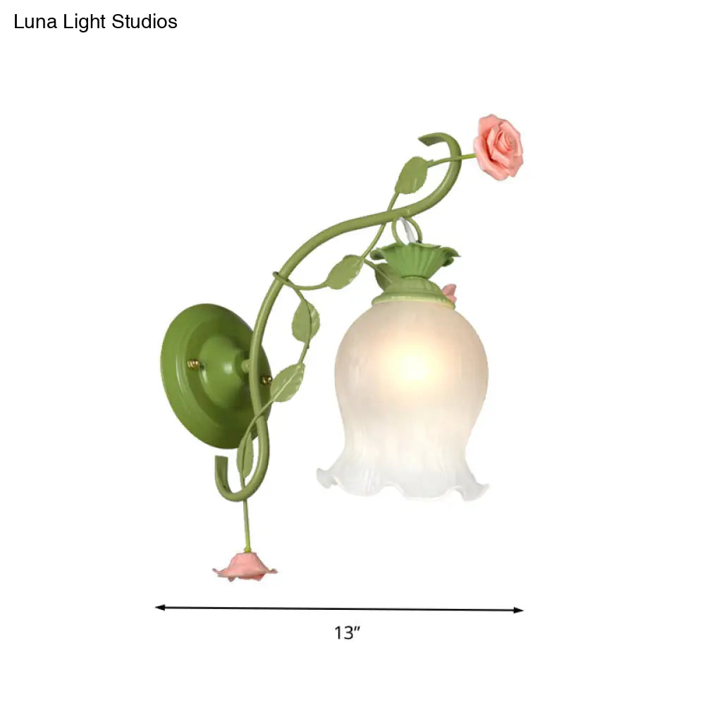 Opal White Glass Wall Sconce With Green Head - Scallop Bedroom Lighting Fixture