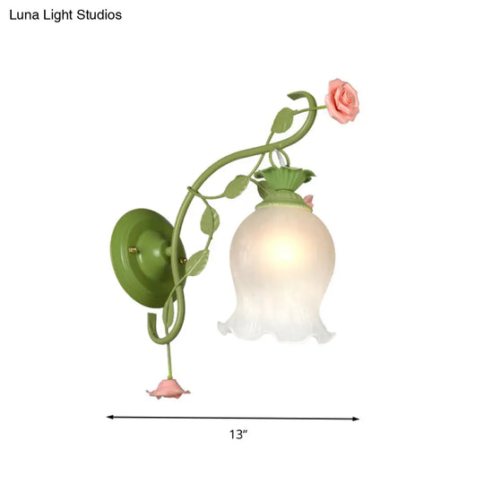 Opal White Glass Wall Sconce With Green Head - Scallop Bedroom Lighting Fixture