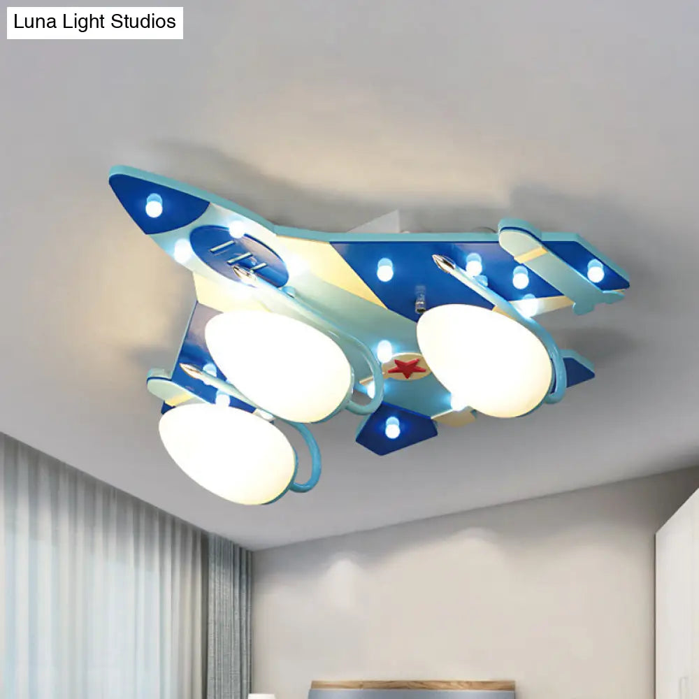 Opaline Glass 3-Head Bomber Plane Ceiling Lamp For Childs Bedroom - Blue