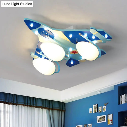 Opaline Glass 3-Head Bomber Plane Ceiling Lamp For Childs Bedroom - Blue