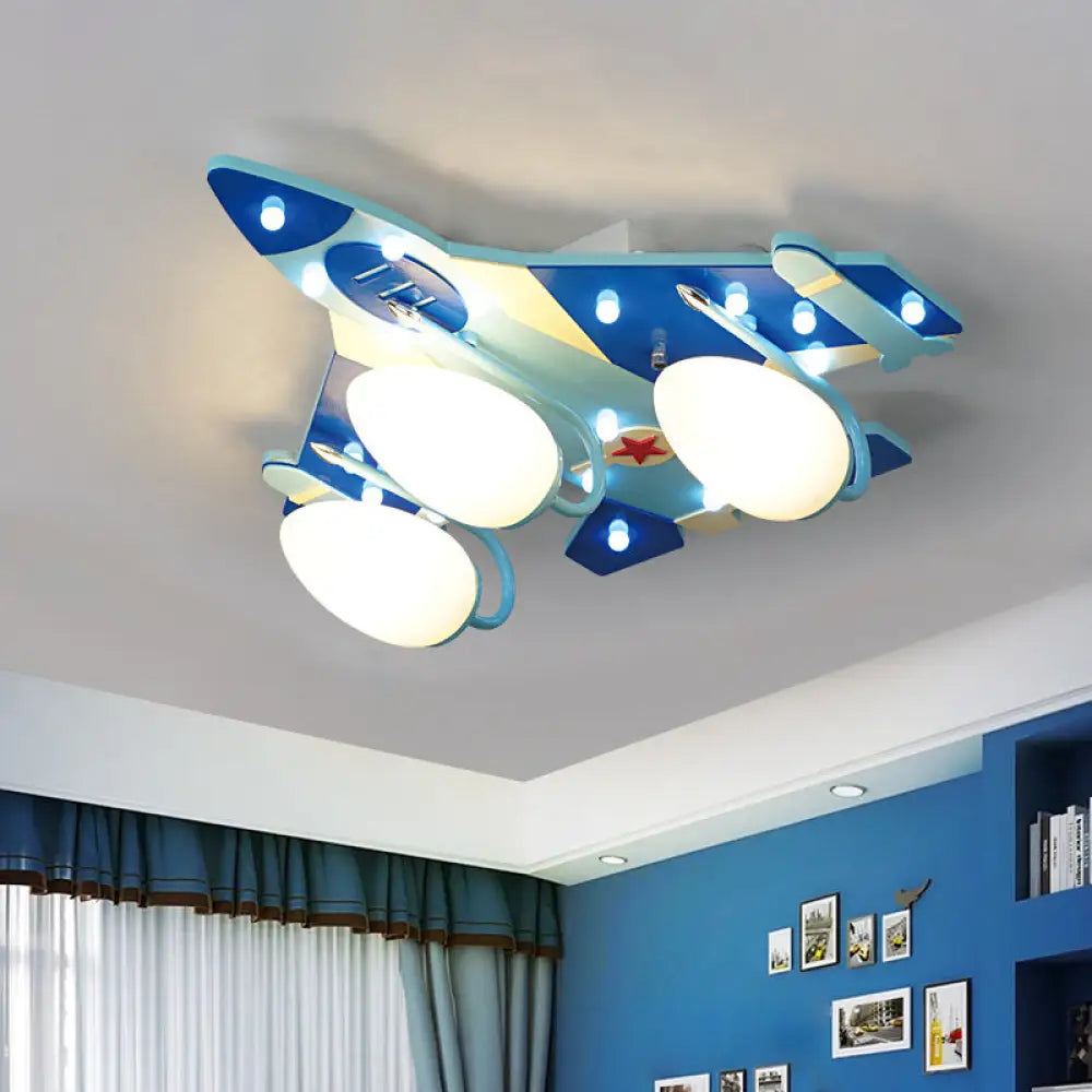 Opaline Glass 3 - Head Bomber Plane Ceiling Lamp For Child’s Bedroom - Blue