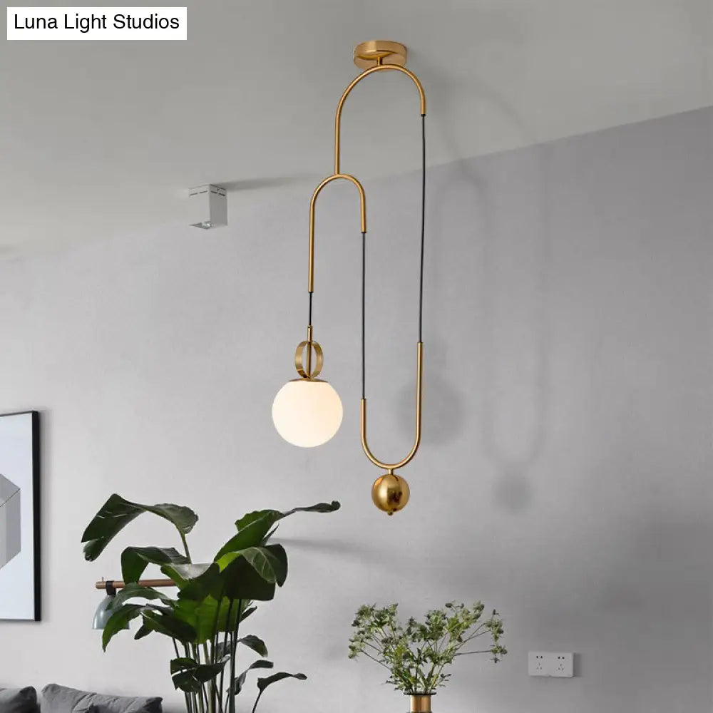 Opaline Glass Ball Pendant Light With Pulley - Postmodern Hanging Lamp In Gold