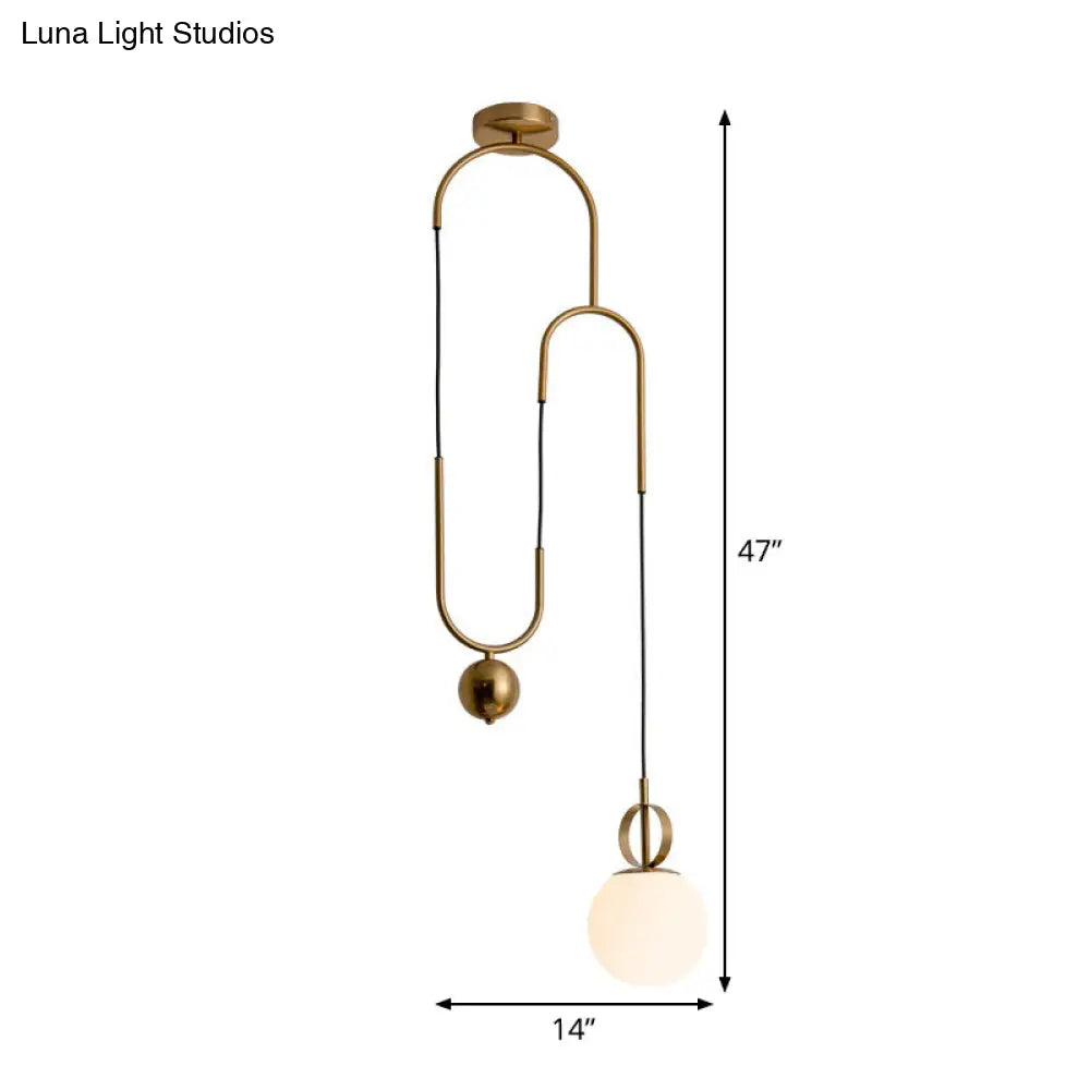 Opaline Glass Pendant Light Kit With Pulley - Postmodern 1-Light Hanging Lamp In Gold