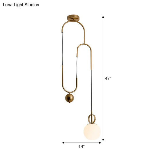 Opaline Glass Pendant Light Kit With Pulley - Postmodern 1-Light Hanging Lamp In Gold