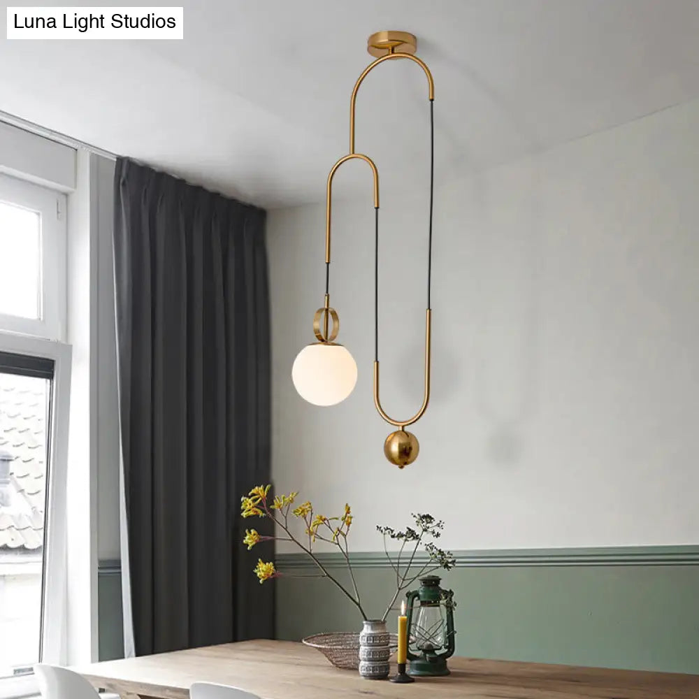 Opaline Glass Ball Pendant Light With Pulley - Postmodern Hanging Lamp In Gold