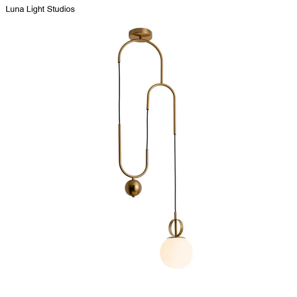 Opaline Glass Ball Pendant Light With Pulley - Postmodern Hanging Lamp In Gold