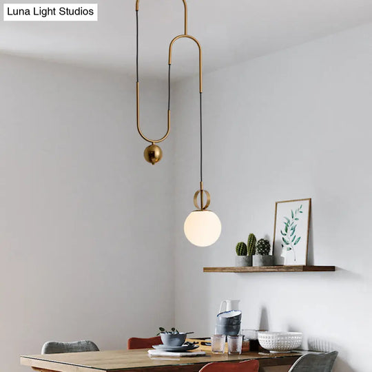 Opaline Glass Pendant Light Kit With Pulley - Postmodern 1-Light Hanging Lamp In Gold