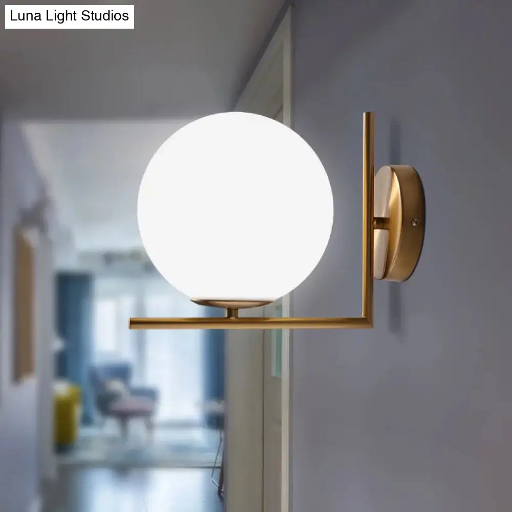 Opaline Glass Ball Wall Lamp With Right Angle Arm In Brass - Minimalist & Elegant