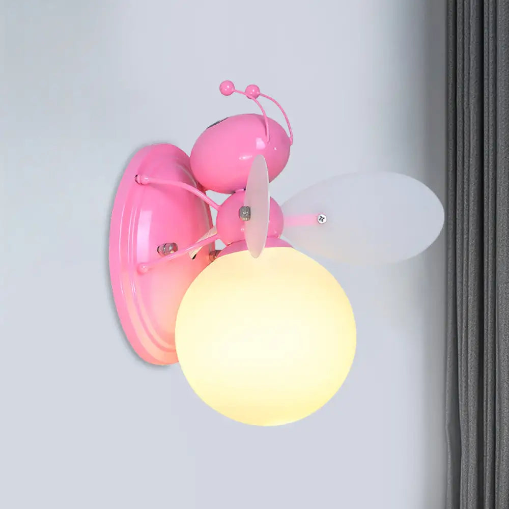 Opaline Glass Ball Wall Sconce With Bee Design - Pink/Yellow Cartoon Lamp 1 Light Pink