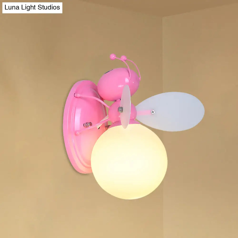 Opaline Glass Ball Wall Sconce With Bee Design - Pink/Yellow Cartoon Lamp 1 Light