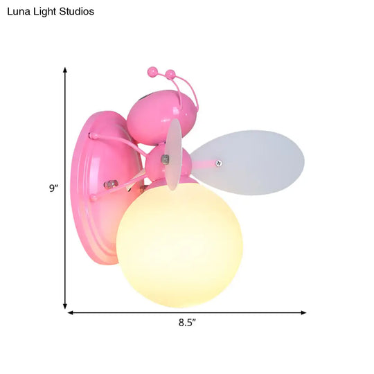 Opaline Glass Ball Wall Sconce With Bee Design - Pink/Yellow Cartoon Lamp 1 Light