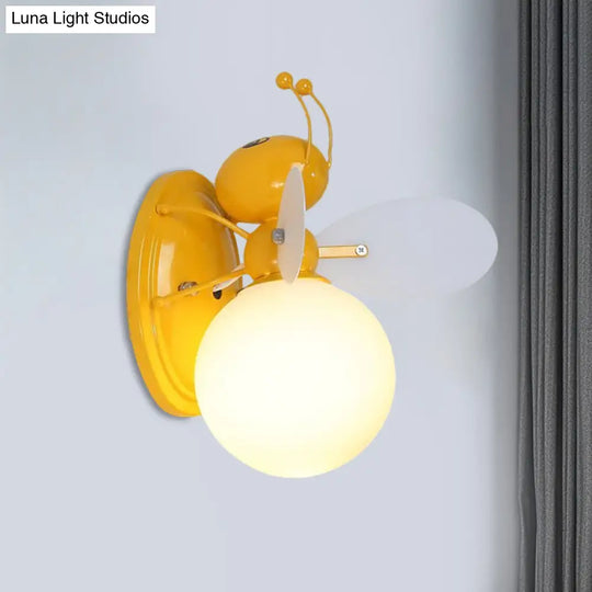 Opaline Glass Ball Wall Sconce With Bee Design - Pink/Yellow Cartoon Lamp 1 Light