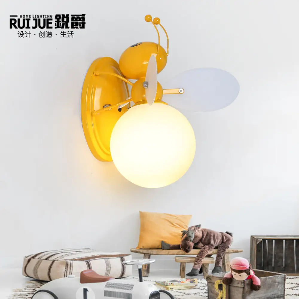 Opaline Glass Ball Wall Sconce With Bee Design - Pink/Yellow Cartoon Lamp 1 Light Yellow