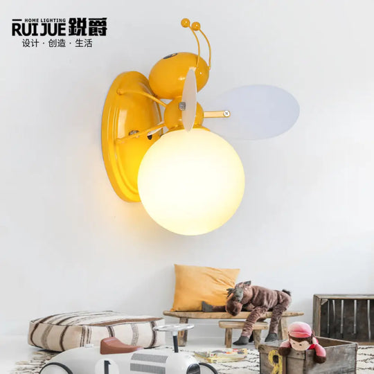 Opaline Glass Ball Wall Sconce With Bee Design - Pink/Yellow Cartoon Lamp 1 Light Yellow