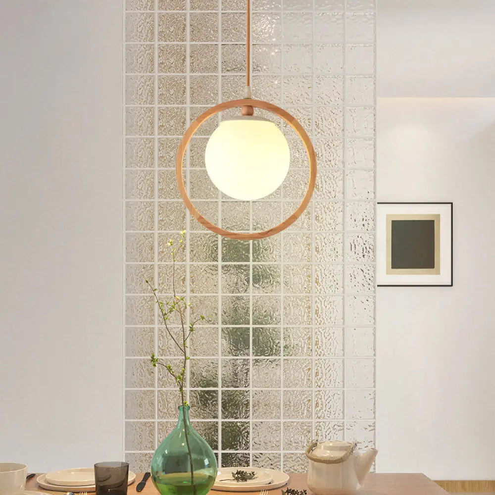 Opaline Glass Cluster Pendant With Nordic Style: Beige Hanging Light Fixture And Wooden Ring 1 /